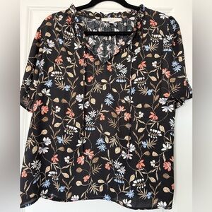 LOFT Black Floral V-Neck Tie Short Sleeve Blouse